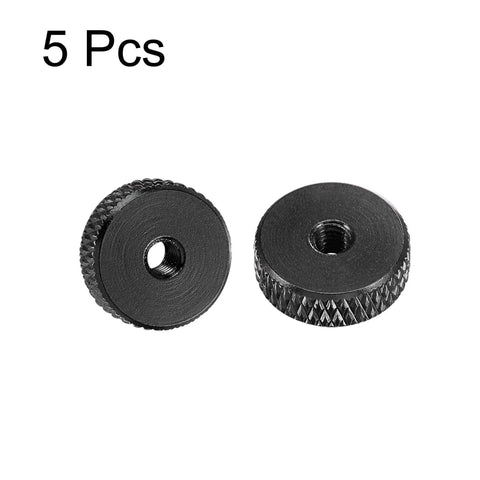 Flat Knurled Nut M3 12mm 4mm Thumb Lock Nut Aluminum Alloy Black Pack Of 5 shown close-up on white background.