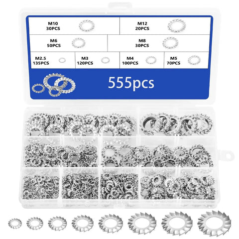 555 Piece 304 Stainless Steel External Tooth Star Lock Washer Set with multiple sizes in a clear box.