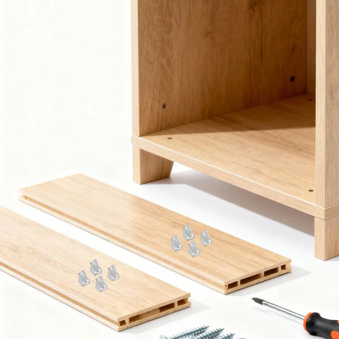 Plastic Shelf Pegs Set 150 Pack 3mm Diameter With 0.11 Inch Hole Locking Design shown with wooden cabinet assembly
