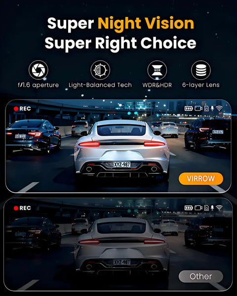 Image of dash cam night vision capturing rear view and side vehicles. All Around Four Channel 360 Degree Dash Cam With Front Rear Inside And Left Right Cameras 4K Front And 1080P On Other Lenses WiFi App Control 24 Hour Parking Mode 8 Infrared Night Vision Lamps 64GB Card Included.