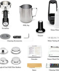 Essential accessories for Dual Boiler Espresso Machine in Brushed Stainless Steel Featuring 58mm Commercial Portafilter and Precision Temp Control, including portafilter, milk jug, and cleaning tools.
