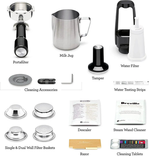 Essential accessories for Dual Boiler Espresso Machine in Brushed Stainless Steel Featuring 58mm Commercial Portafilter and Precision Temp Control, including portafilter, milk jug, and cleaning tools.