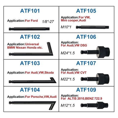 3 Liter Transmission Fluid Pump Kit With Oil Filler System And 8 ATF Adapters for various car models shown in chart