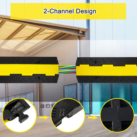 Image showcasing 4 Pack 2 Channel Cable Ramp Kit With 11,000 Lbs Axle Capacity, featuring black and yellow design for outdoor use.