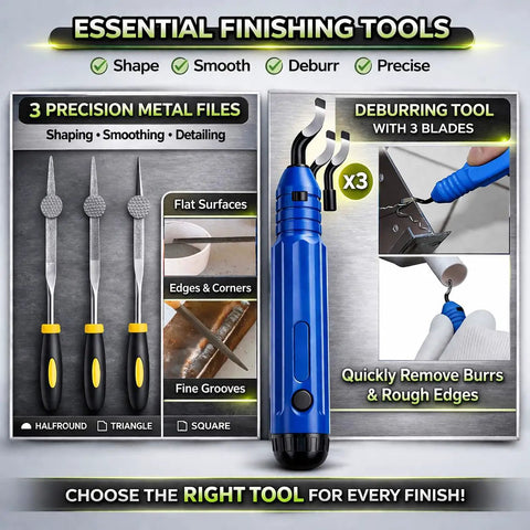 Essential finishing tools from Must Have Pro Grade All In One 46 Piece 3D Printer Tools Kit For FDM And Resin Printers shown with files and deburring tool.