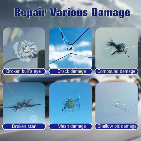 Various windshield damage types shown for Two Piece Windshield Crack Repair Kit With Suction Cup And Curing Light Pro Grade Vacuum Tool