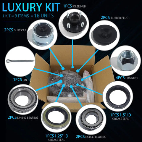 Trailer Hub Kit 4 On 4 Inch 2000 Lb Axle 4 Lug Fits 1 In And 1-1/16 In Spindle components in open box layout
