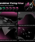 Close-up of Avata 2 Drone ND Filter Set 6 Pack UV CPL ND8 ND16 ND32 ND64 showing carabiner fixing and filter details.