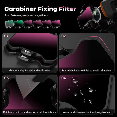 Close-up of Avata 2 Drone ND Filter Set 6 Pack UV CPL ND8 ND16 ND32 ND64 showing carabiner fixing and filter details.