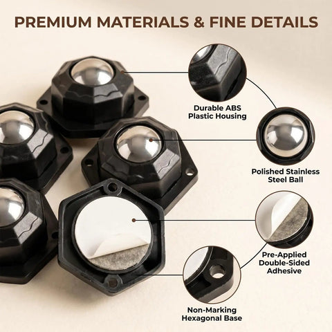 4 Pack Self Adhesive Swivel Caster Wheels With Tapes And Screws, black hexagonal casters with stainless steel ball and adhesive