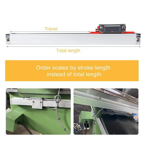 Shop Tough Two Axis Dros Kit Featuring Precision Linear Scale Digital Readout Gauge, showing travel and total length measurements.