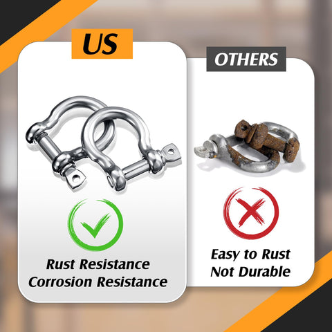 Comparison of Stainless Steel 304 Bow Shackle Set, 4 Pieces, 5 32 Inch Screw Pin D Ring Shackles and rusty shackles