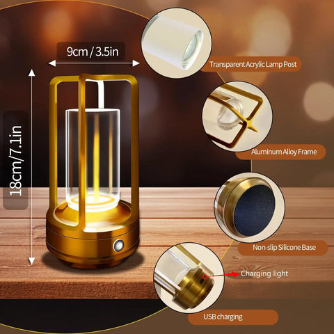 Portable Metal Table Lamp With 4000mAh Rechargeable Battery Cordless Outdoor Light, acrylic shade, and aluminum frame