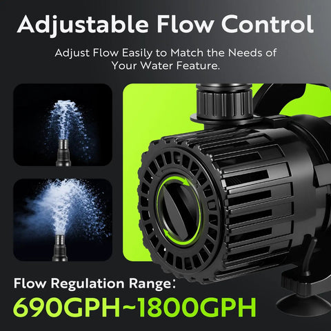 Adjustable Pond Pump 1800 GPH Submersible Water Pump with flow control and two water spray patterns shown