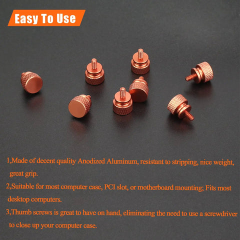 Orange Anodized Aluminum Thumb Screws 10 Pack 6 32 Thread Computer Case Fasteners displayed on black surface