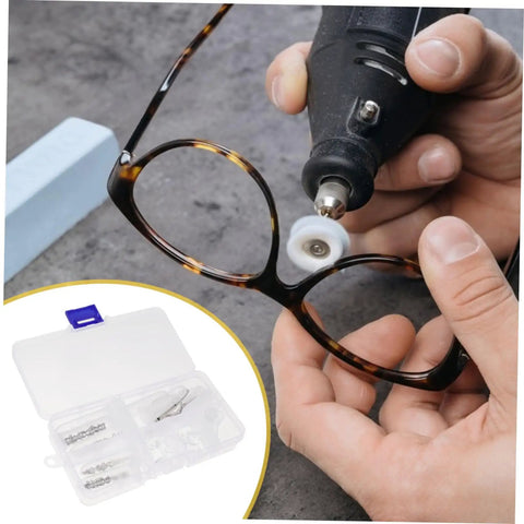 All In One DIY Eyeglass Repair Tools Kit With Nose Pad Screws And Maintenance Gear for fixing glasses with a tool.