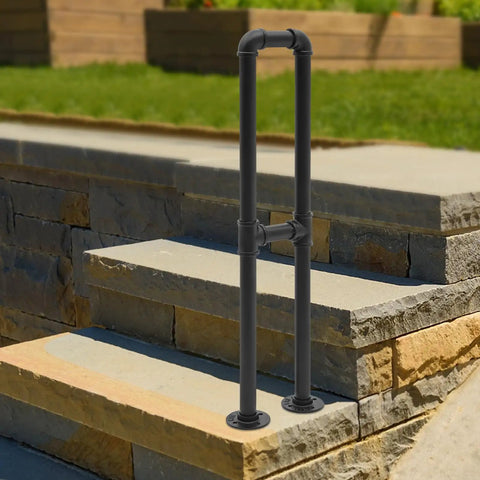 Rock Solid U Shape Stair Handrail Beefy Galvanized Steel Floor Standing Support Railing with weather resistant black coating on steps.