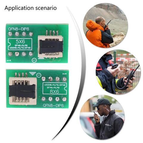 DFN8 WSON8 MLF8 MLP8 QFN8 to DIP8 Socket Adapter on green board with application scenarios and people using devices.