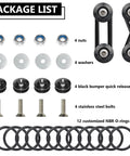 BFXM universal bumper quick-release kit by Amazon: 4 black bumper tabs, 4 stainless bolts, 4 nuts, 4 washers, 12 O-rings.