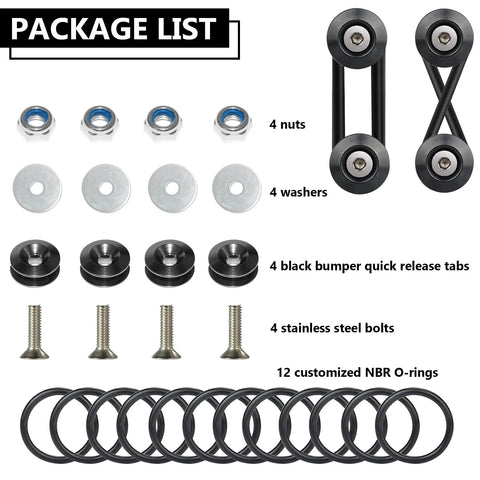 BFXM universal bumper quick-release kit by Amazon: 4 black bumper tabs, 4 stainless bolts, 4 nuts, 4 washers, 12 O-rings.