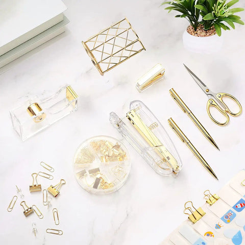 Gold Desk Accessories Set With Acrylic Stapler, Staple Remover, Tape And Pen Holder, 2 Ballpoint Pens, Scissors, Binder Clips, Paper Clips And 1000 Staples For Quick, Neat Office Organization And Busy Workdays