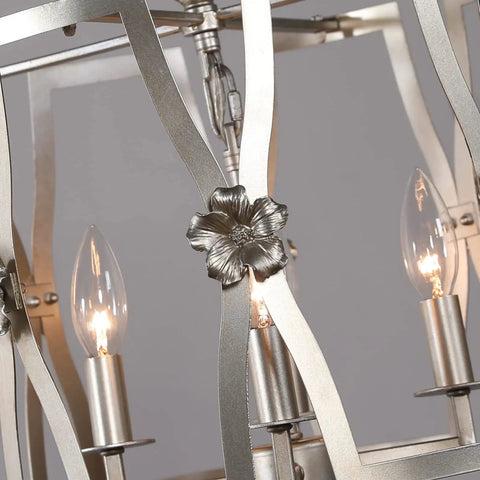 Close-up of Brushed Nickel Drum Pendant Chandelier For Dining Room 4 Light Modern Round Fixture With Floral Silver Chrome Finish