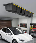 6-Bin Overhead Garage Storage Rack With Heavy-Duty Ceiling Tote Rails installed in garage with six hanging bins, car below