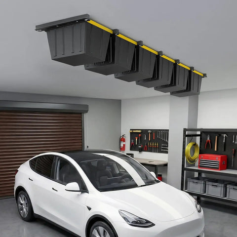 6-Bin Overhead Garage Storage Rack With Heavy-Duty Ceiling Tote Rails installed in garage with six hanging bins, car below