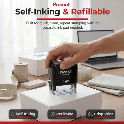 Person using Go To 4 Line Self Inking Stamp For Names And Addresses, Personalize Font And Ink Color, Bold Lines For Crisp Pro Style Impressions