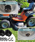 Front Wheel Bushing To Bearing Conversion Kit For Lawn Mowers shown on orange lawn tractor with installation highlights