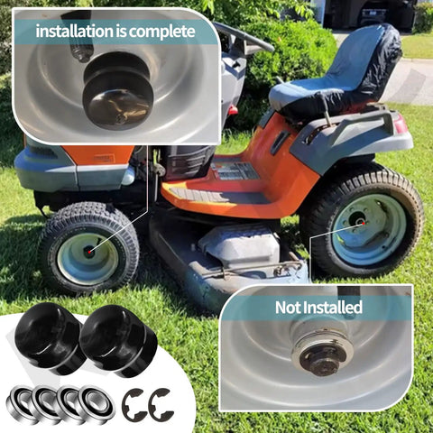 Front Wheel Bushing To Bearing Conversion Kit For Lawn Mowers shown on orange lawn tractor with installation highlights