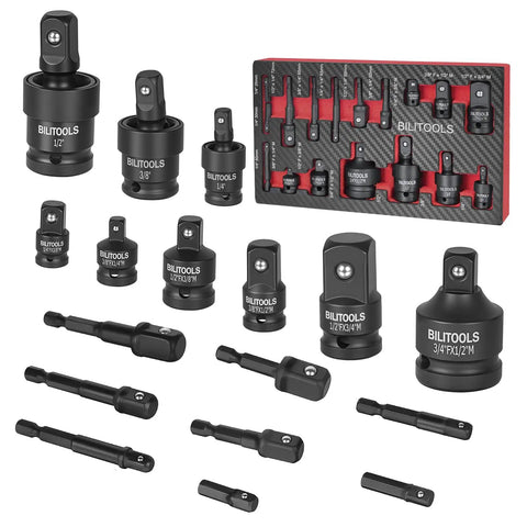 17 Piece Socket Adapter Set With Reducers And Universal Joint, Impact Drill Adapters For One Quarter, Three Eighths And One Half Inch Drives