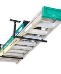 Overhead Ladder Rack Ceiling Mount For Garage Storage Holds Ladders Up To 75 Lbs installed with ladder on ceiling