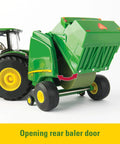 1:32 Scale Farm Toy Set with Tractor and Round Bale Haying Gear showcasing the opening rear baler door for imaginative farm play.