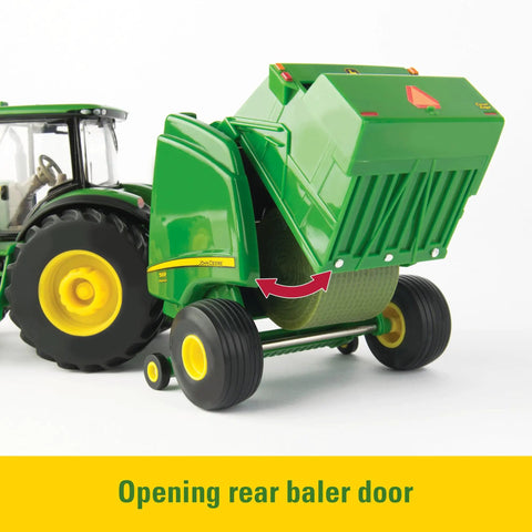 1:32 Scale Farm Toy Set with Tractor and Round Bale Haying Gear showcasing the opening rear baler door for imaginative farm play.