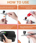 Instructions for using Airbrush Kit With Compact Compressor, 22/30/50 PSI Adjustable Spray Pressure, showing connection and spray steps.