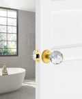 Crystal Glass Door Knobs With Privacy Lock For Bedroom And Bathroom, Gold Satin Brass Finish, shown on a white interior door