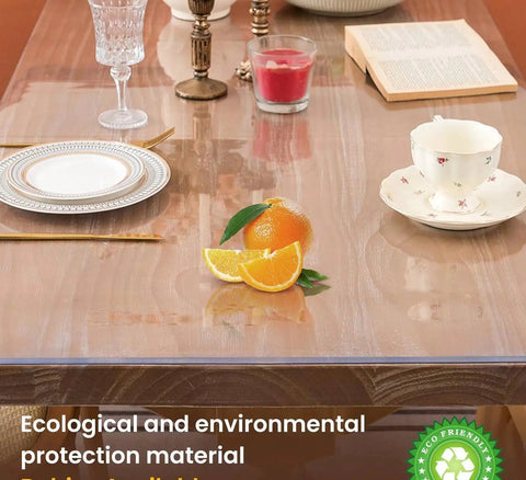 Clear Table Protector Mat 14 By 24 Inches, 1.5mm Thick Heavy Duty Desk Cover on a wooden dining table with dishes and decor.