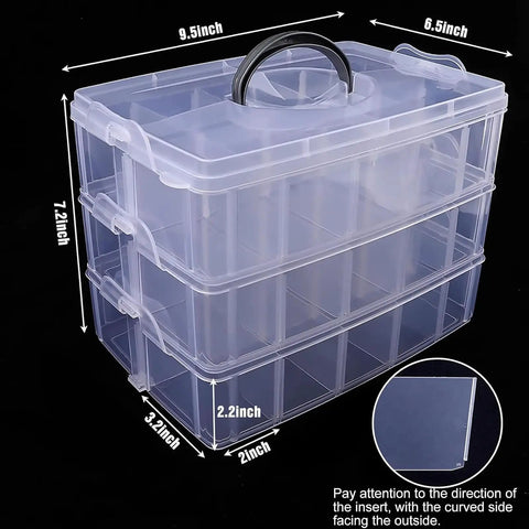 Three Tier Stackable Storage Box with Dividers 30 Compartments Bead Organizer for Arts and Crafts Supplies, clear plastic with handle