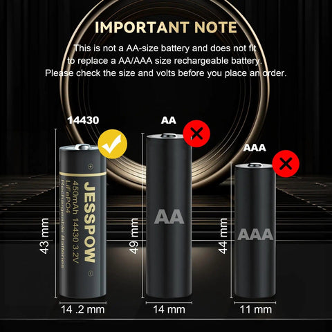 14430 3.2V LiFePO4 Rechargeable Battery 450mAh 8 Pack For Outdoor Solar Lights Garden Path Lights Shavers Flashlights size comparison