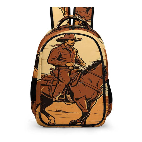 Desert Cowboy Horse Sunset Print Backpack For Unisex Everyday Use, featuring cowboy illustration on durable polyester.