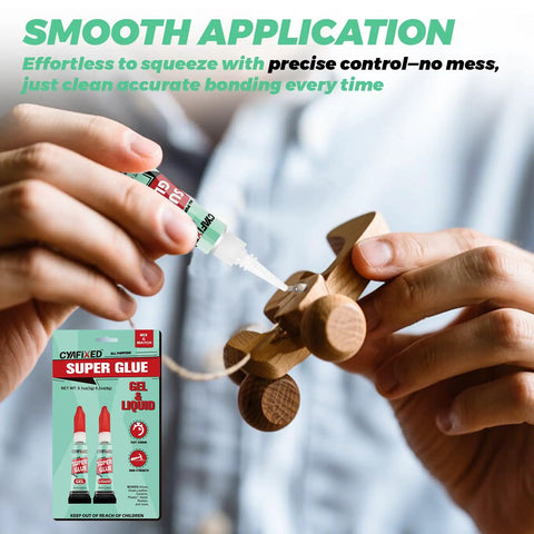 Using Instant Bonding Adhesive Gel And Liquid For Multi Surface Repairs And Grab And Go DIY Projects Multi Pack Cyanoacrylate Strong Clear Glue For Shoe Soles Ceramic Plastic Metal Wood Pottery Leather Aquarium Glass Rubber on a wooden toy car.