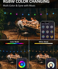 Smart Outdoor String Lights 32ft RGBW Patio LED with 12 Shatterproof Bulbs, WiFi and Alexa Controlled, shown in outdoor dining setup