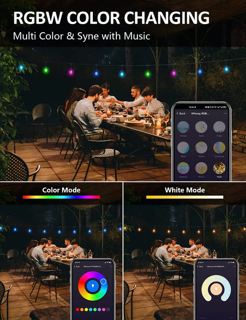 Smart Outdoor String Lights 32ft RGBW Patio LED with 12 Shatterproof Bulbs, WiFi and Alexa Controlled, shown in outdoor dining setup