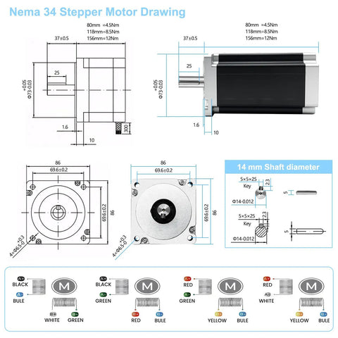 Technical diagram of Nema 34 stepper motor, showing dimensions and wiring for 3 Axis Nema 34 Stepper Motor Kit CNC Controller.