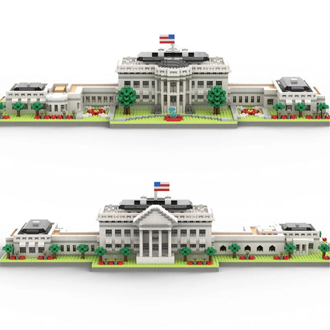 Front view of White House Buildable Micro Mini Blocks Set With West Wing And East Wing, 3,000 Pieces, realistic landmark building model.