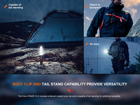 PD40R V3.0 3000 Lumen USB C Rechargeable Flashlight standing upright beside a tent, attached to backpack for outdoor use