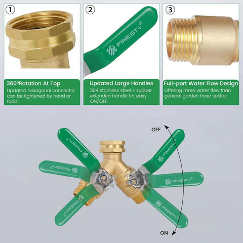 Built Tough Heavy Duty Brass Garden Hose Splitter Two Way Y Valve With Stainless Steel Long Handle and GHT Thread connectors shown