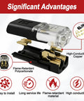 No-Strip Quick Connect Wire Connectors 50Pcs 2Pin Set With Locking Buckle, highlighting flame-retardant polycarbonate and copper conductivity.