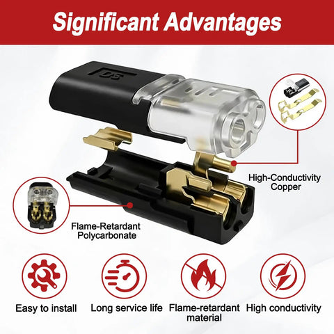 No-Strip Quick Connect Wire Connectors 50Pcs 2Pin Set With Locking Buckle, highlighting flame-retardant polycarbonate and copper conductivity.